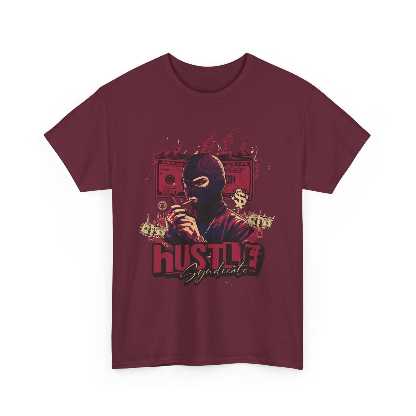 A maroon crew neck t-shirt with a graphic print of a person in a mask and the text 'HUSTLE' above it.