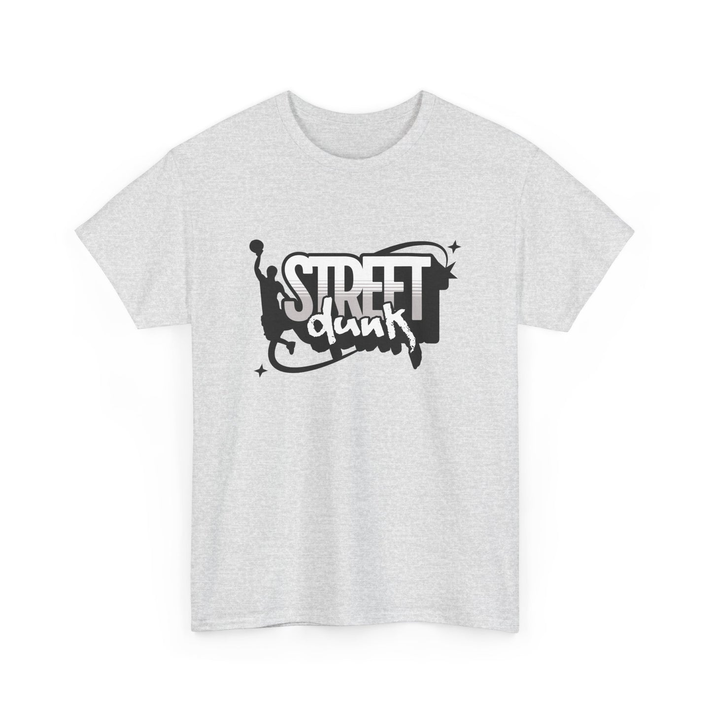 An ash crew neck t-shirt with 'Street Dunk' text in black on the front and basketball player graphic.