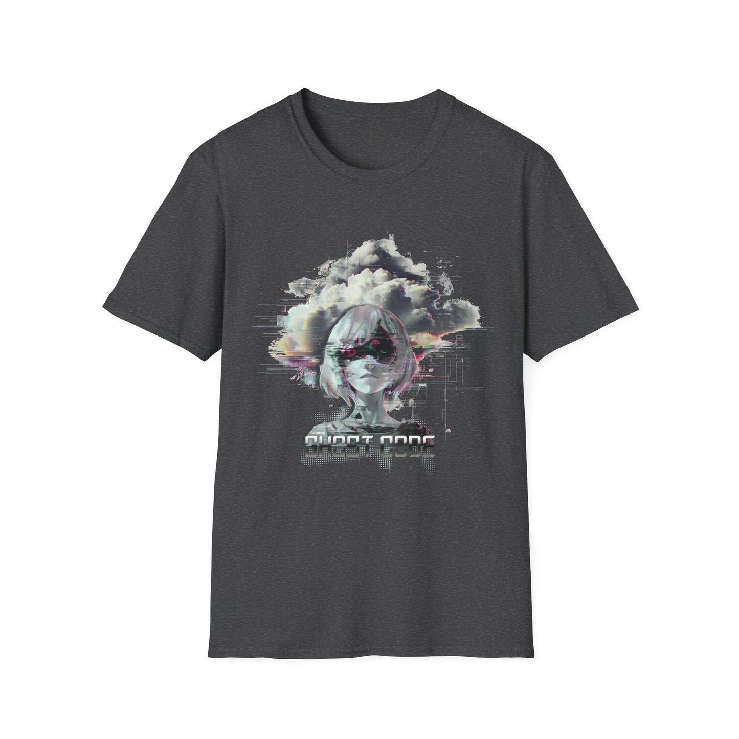 Black t-shirt with a graphic design of a cloud and abstract elements on a white background