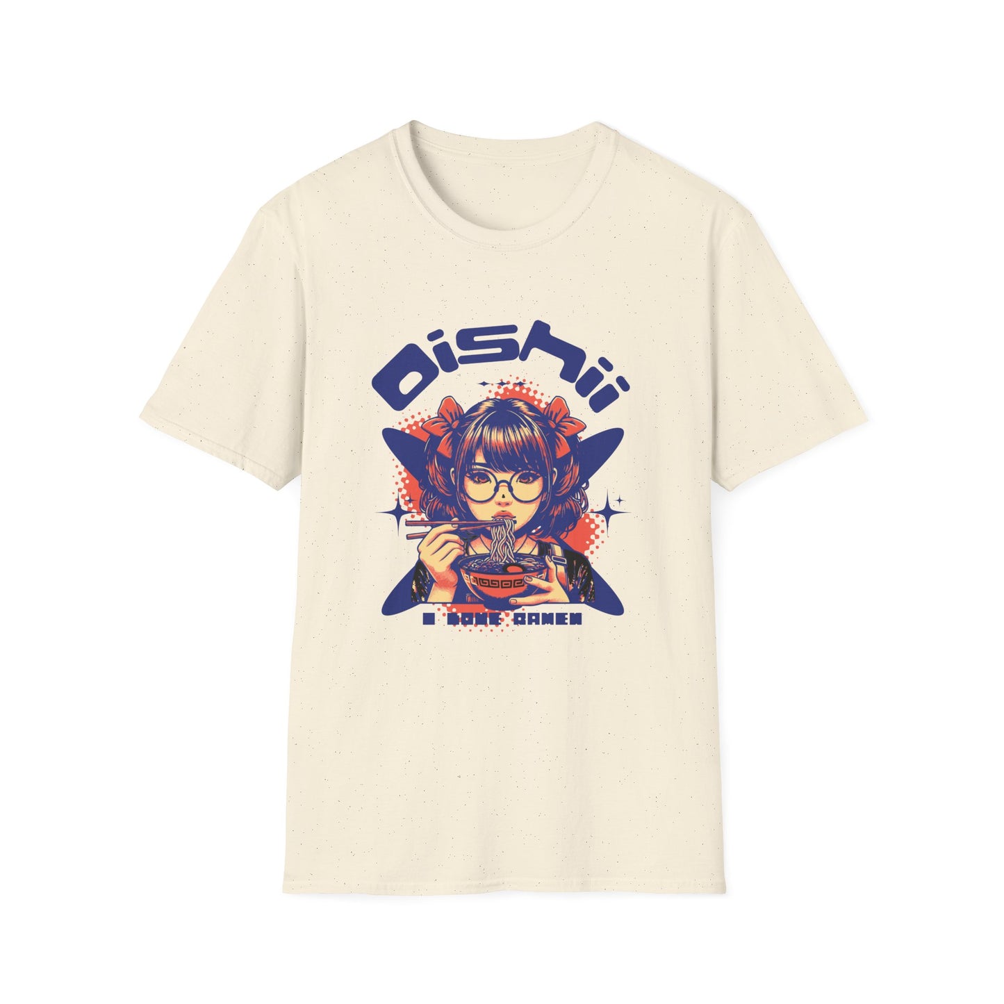 Beige t-shirt with anime-style graphic and text on a white background