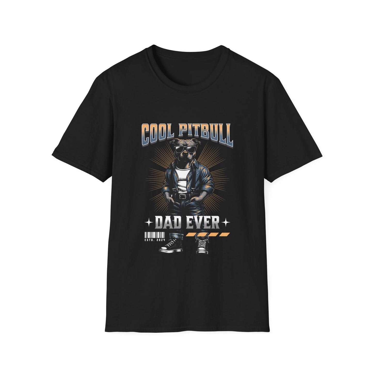 A black t-shirt with a graphic print of a Pitbull wearing a suit and the text 'COOL PITBULL DAD EVER' on it.
