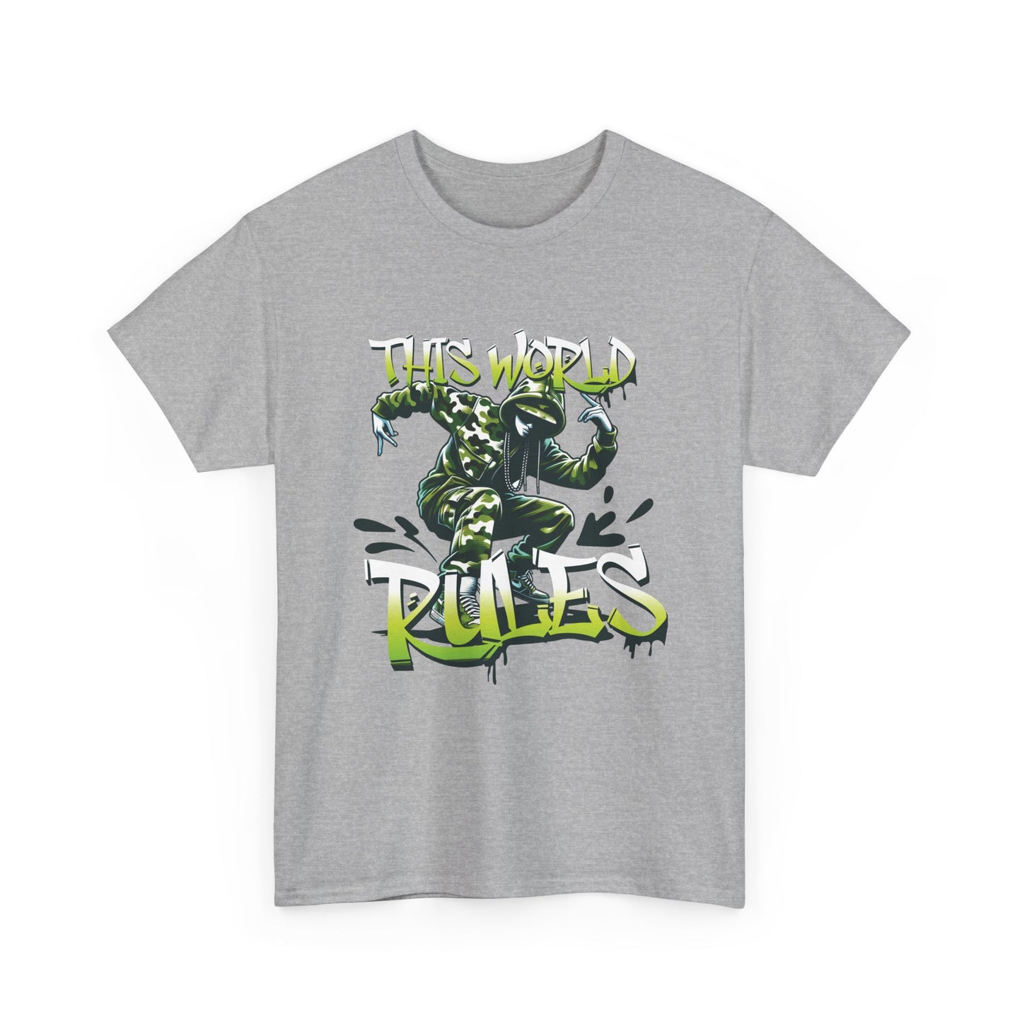 A sport grey t-shirt with a breakdancer graphic and 'This World Rules' text.