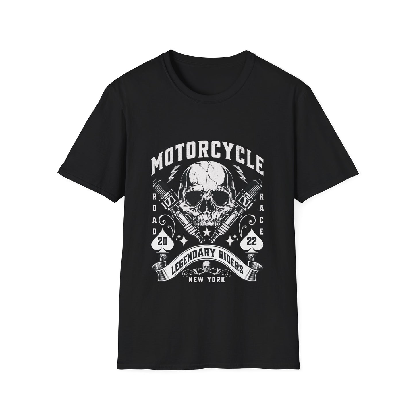 A black graphic tee with a vintage biker-themed design, featuring a skull, spark plugs, playing cards, and the text 'MOTORCYCLE LEGENDARY RIDERS NEW YORK'.