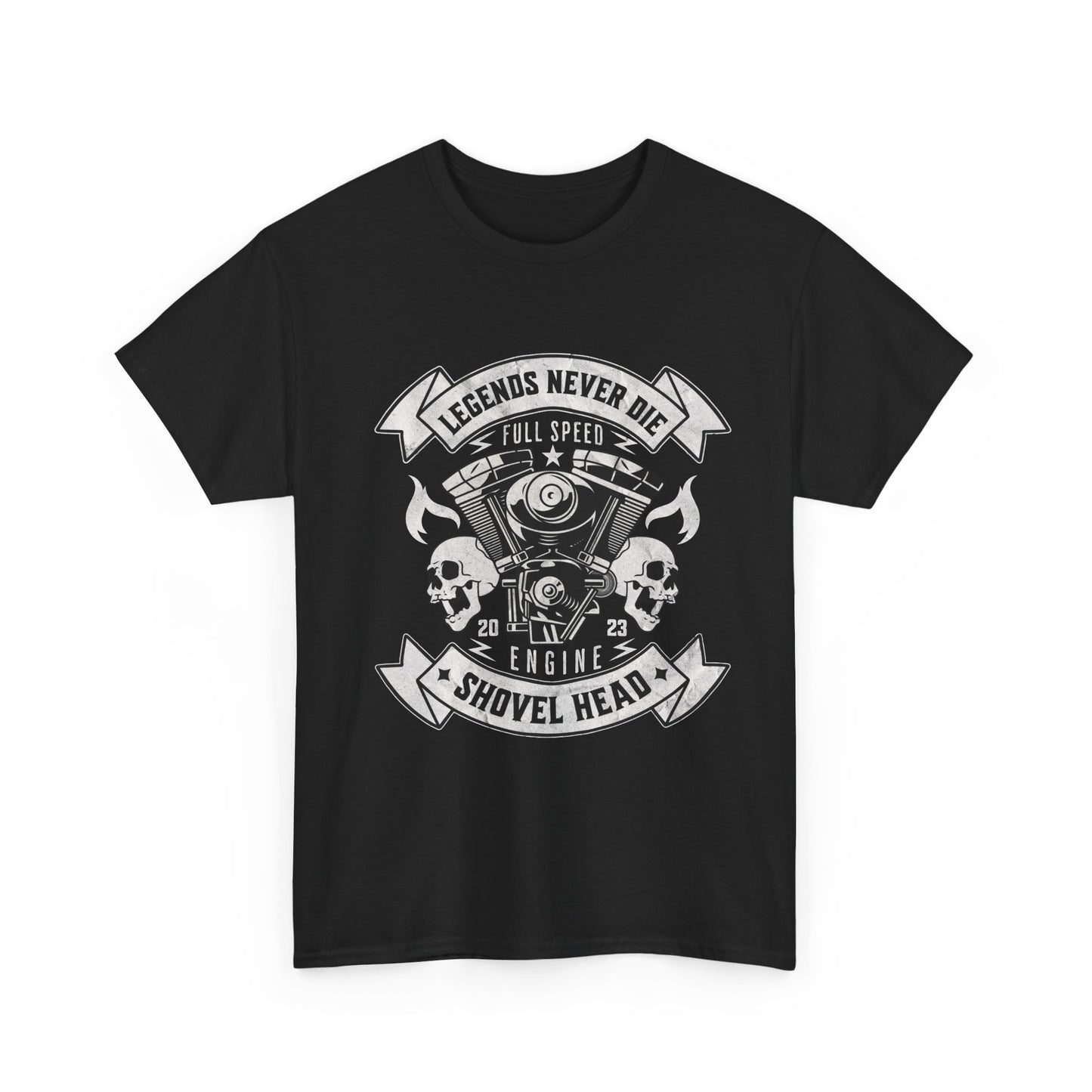 A black t-shirt with a graphic design featuring the words 'Legends Never Die' and 'FULL SPEED ENGINEER', along with images of a motorcycle and its parts.