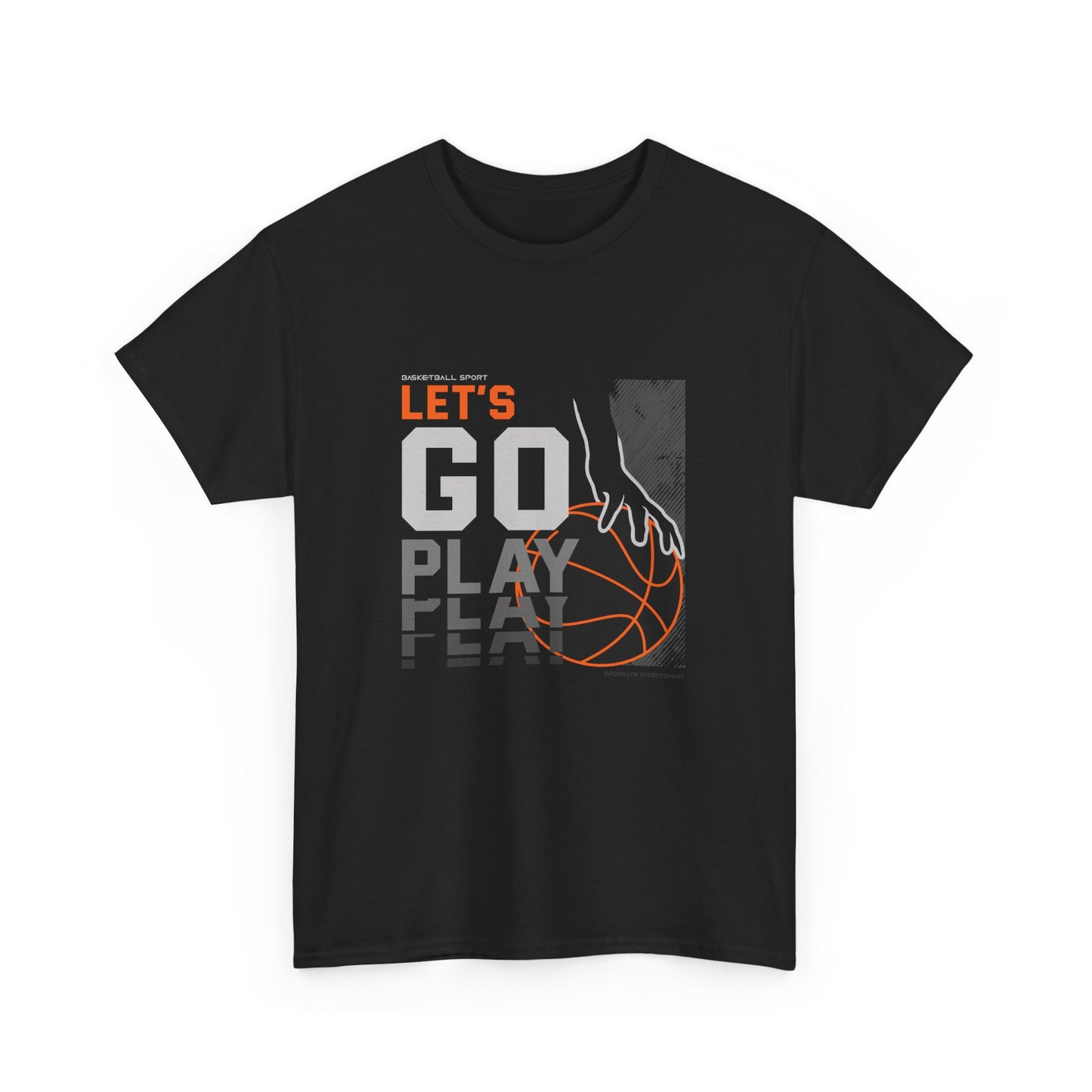 A black t-shirt with the text 'LET'S GO PLAY' and an orange graphic of a basketball.