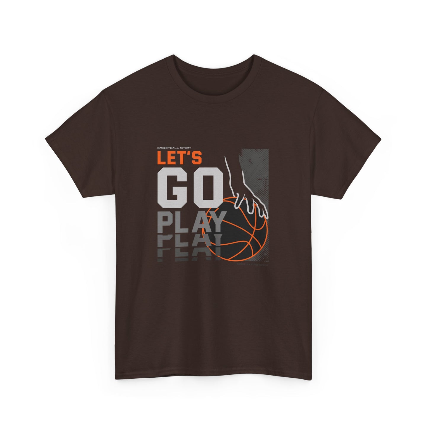 A brown t-shirt with the text 'LET'S GO PLAY' and an orange basketball graphic on it.