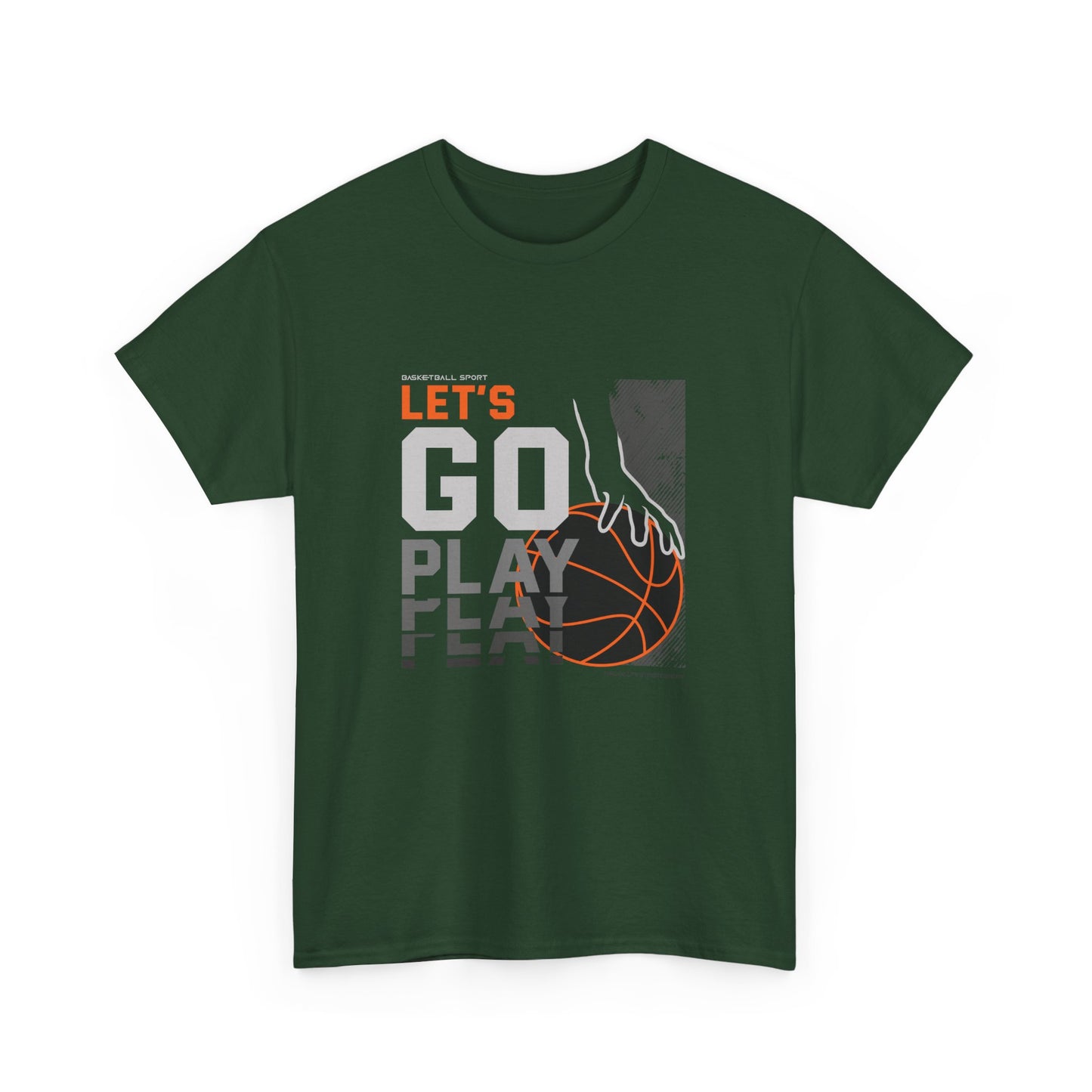 A forest green t-shirt with the text 'LET'S GO PLAY' and an orange basketball graphic on it.