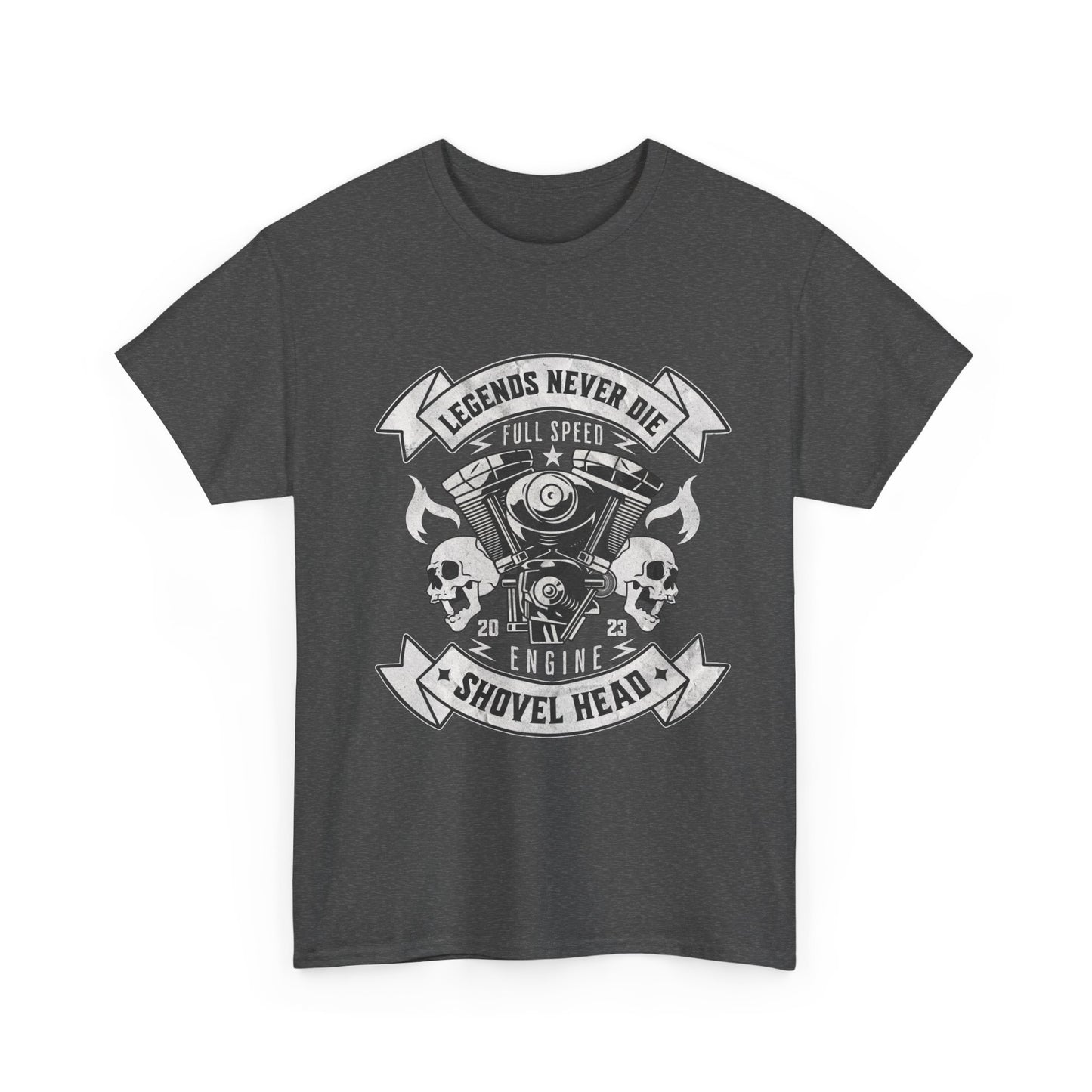 A gray t-shirt with a graphic design featuring a vintage motorcycle shovelhead engine