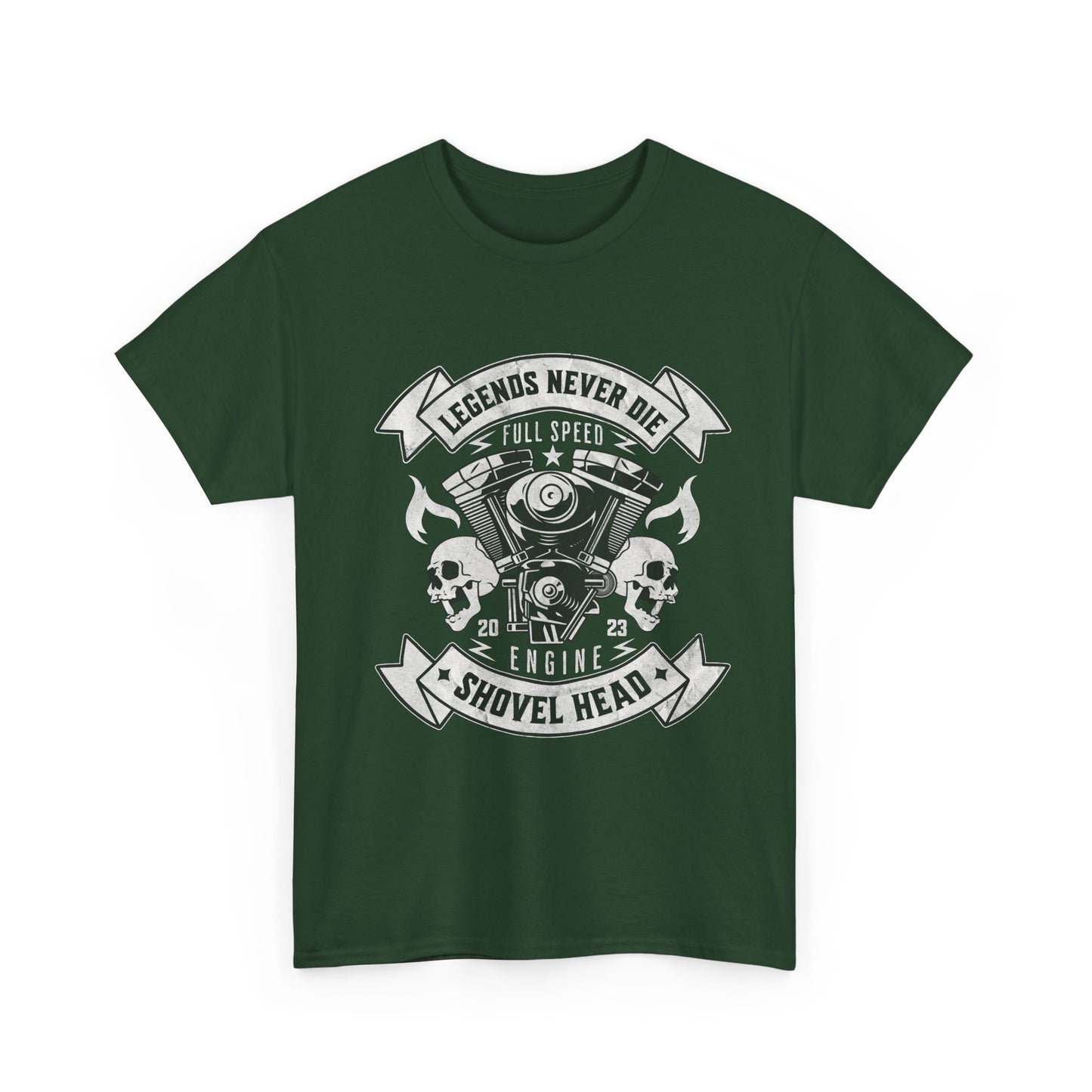 A forest green t-shirt with a graphic design featuring a vintage motorcycle shovelhead engine, cylinders, pistons, and connecting rods, along with the text 'Legends Never Die Full Speed Engine Shovel Head'.