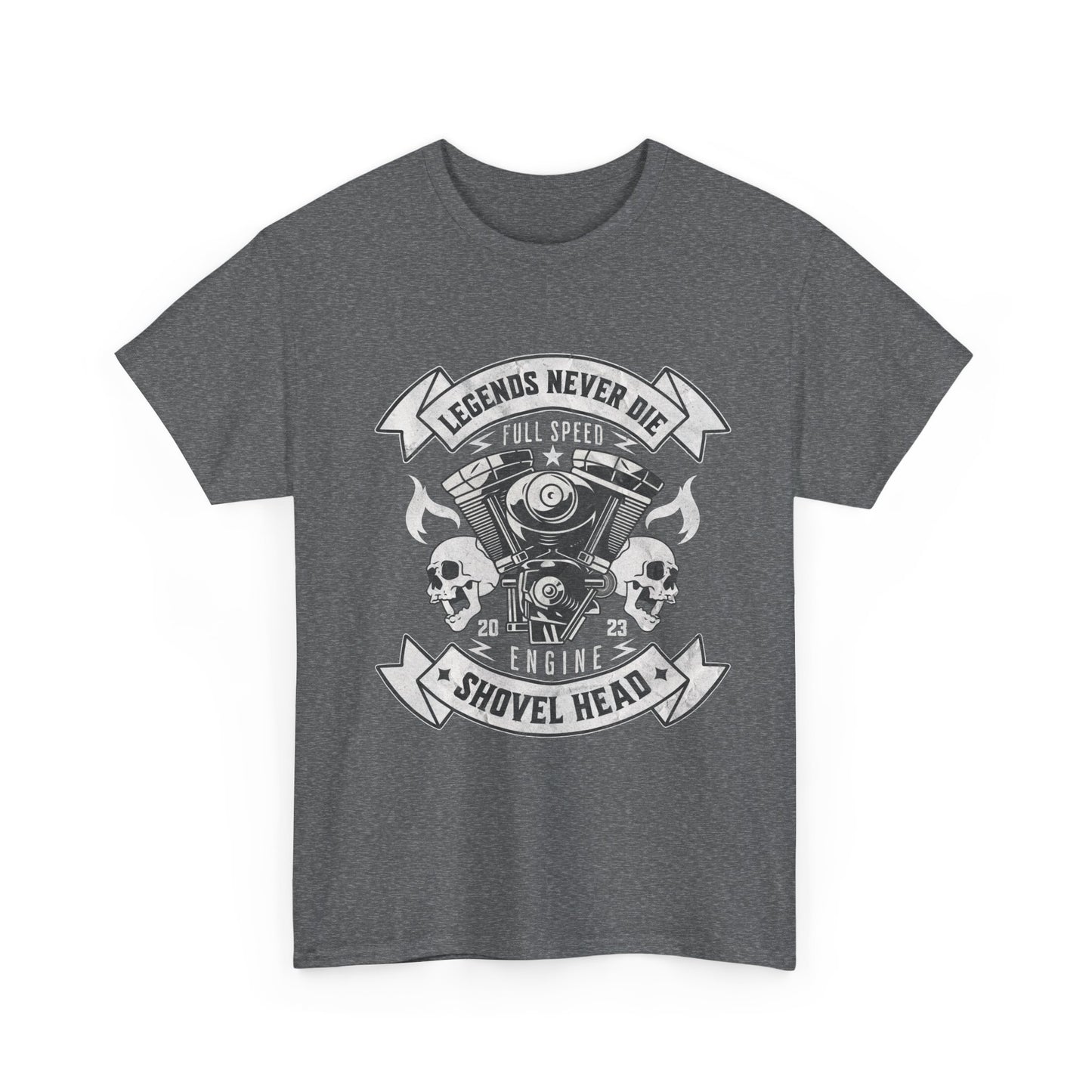 This heather grey t-shirt captures the vintage aesthetic of a classic motorcycle Shovelhead engine with intricate details, including cylinders, pistons, and connecting rods.