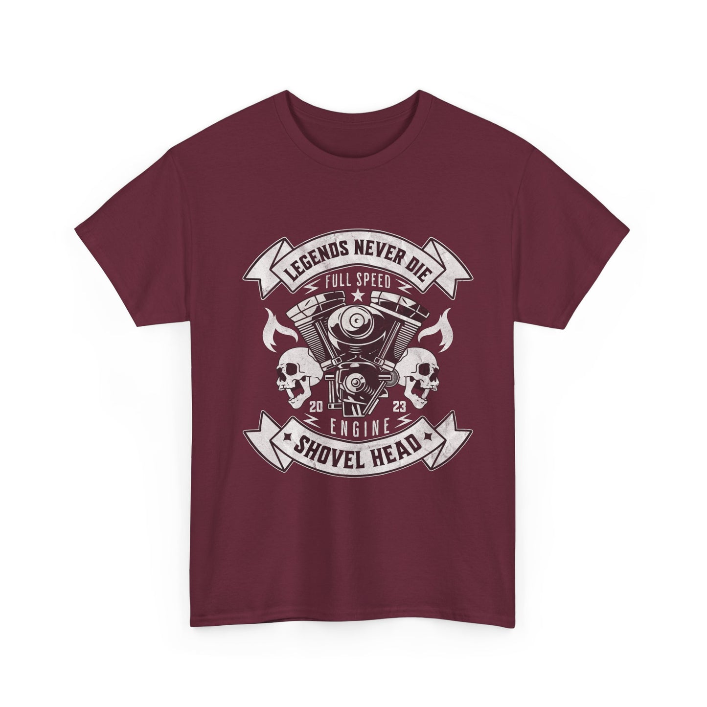 A maroon t-shirt with a graphic design that includes a skull, pistons, and the text 'LEGENDS NEVER DIE FULL SPEED AHEAD'.