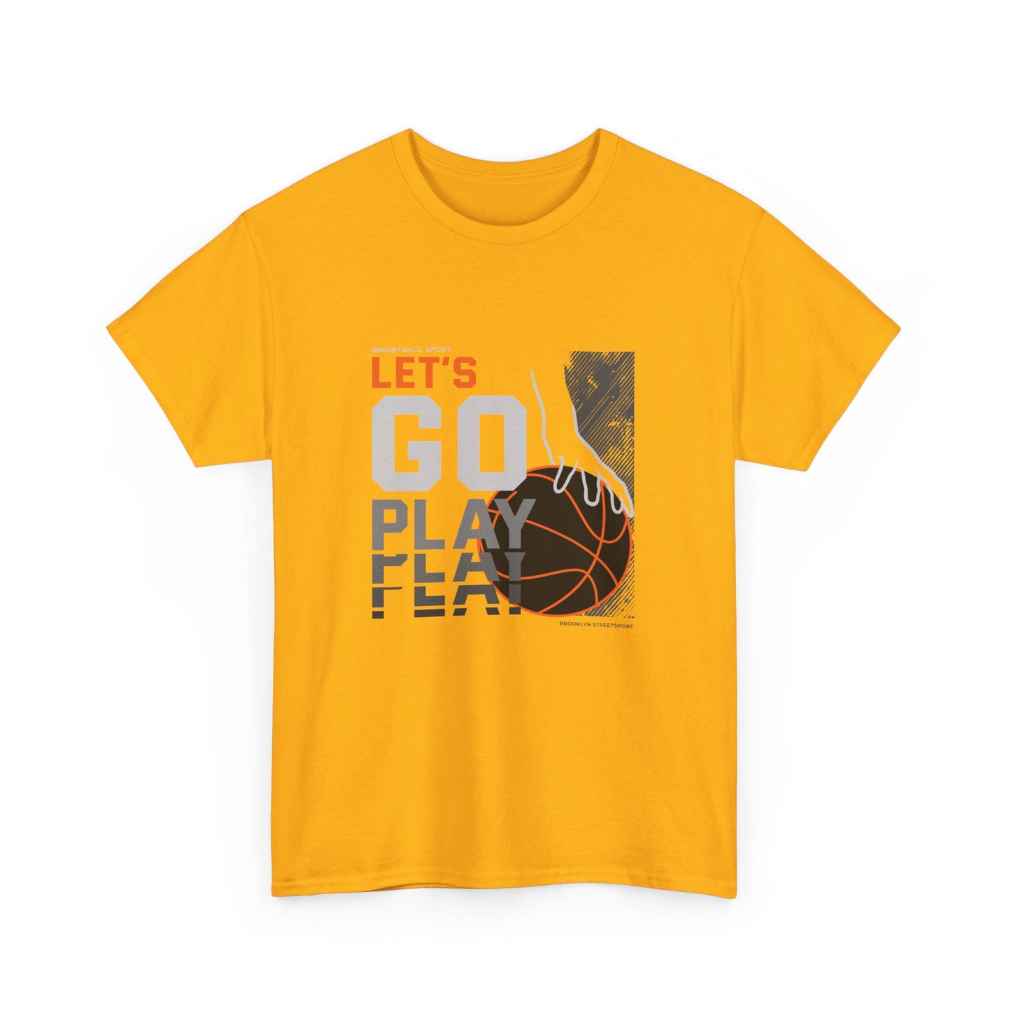 A yellow t-shirt with a graphic print of a basketball and the text 'LET'S GO PLAY' on the front.