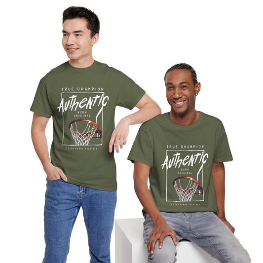 Two guys wearing a basketball hoop t-shirt.