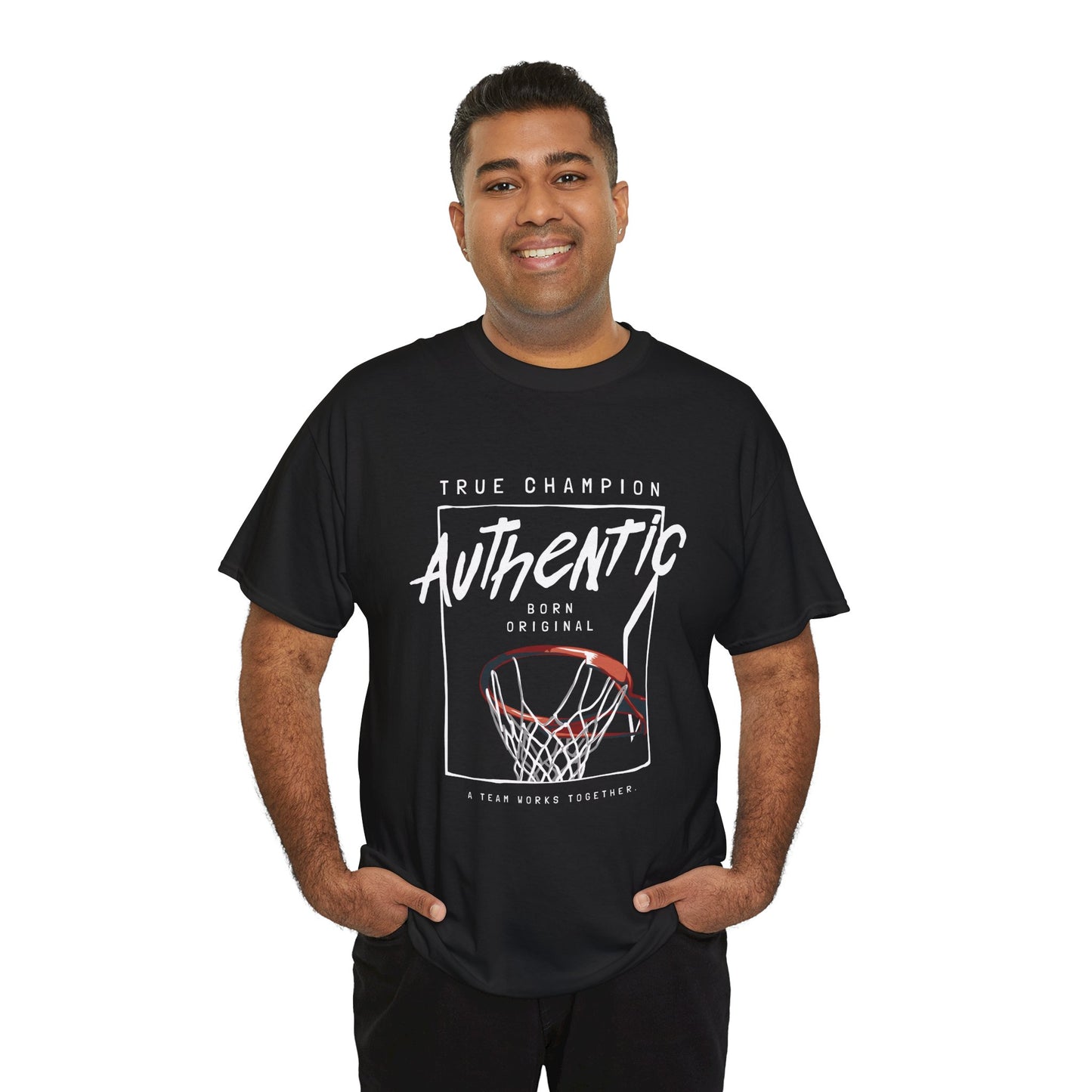 Plus size man wearing basketball hoop t-shirt