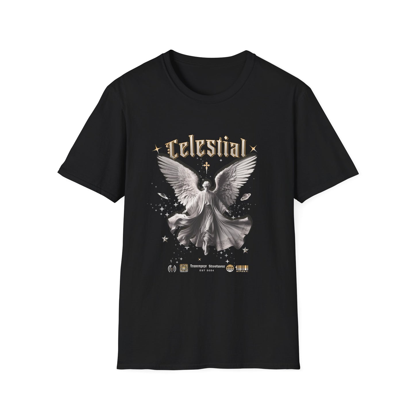 Black t-shirt with angel graphic and 'Celestial' text on a white background