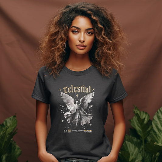 Woman wearing a dark gray t-shirt with 'Celestial' design against a brown background