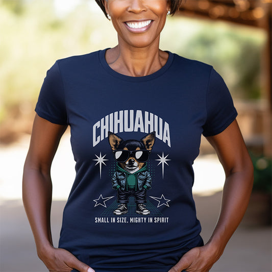 Person wearing a navy blue t-shirt with a Chihuahua graphic and text.