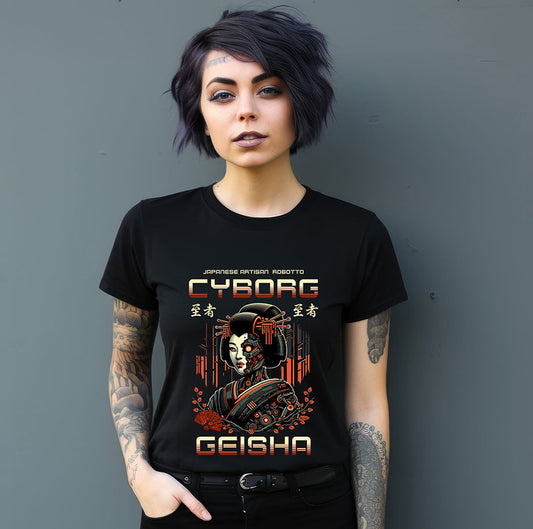 Person wearing a black t-shirt with 'Cyborg Geisha' design against a gray background