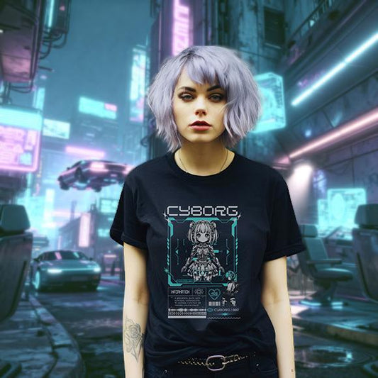 Person wearing a black t-shirt with 'CYborg' design in a futuristic city setting