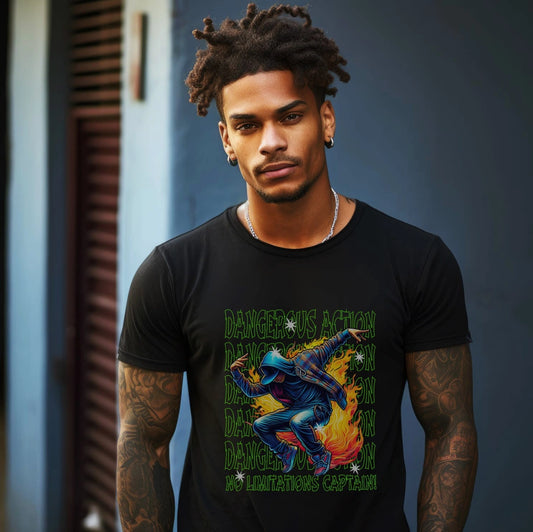 Man wearing a black t-shirt with a graphic design of a street dancer in flames and text.
