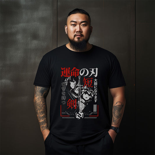 Man wearing a black t-shirt with Japanese design and text against a dark background
