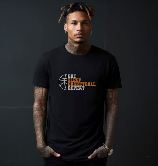 Person wearing a black t-shirt with 'Eat Sleep Basketball Repeat' text and graphic on a dark background