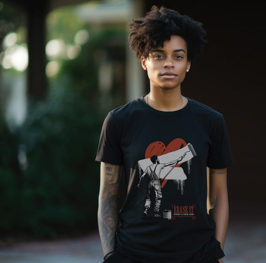 a woman wearing a T-shirt depicting a man painting over a heart with a roller brush.