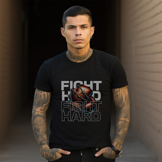 Man wearing a black t-shirt with 'Fight Hard' graphic design.
