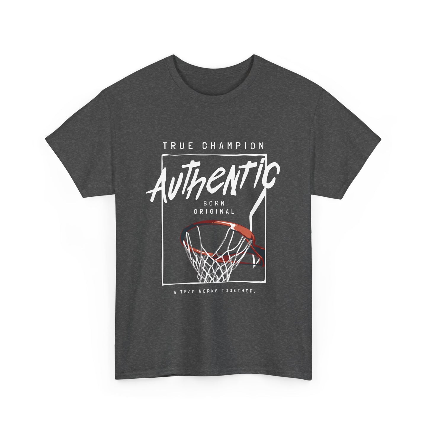 A heather grey t-shirt with a basketball-themed graphic design, including the text 'TRUE CHAMPION' and 'AUTHENTIC', along with an image of a basketball hoop.