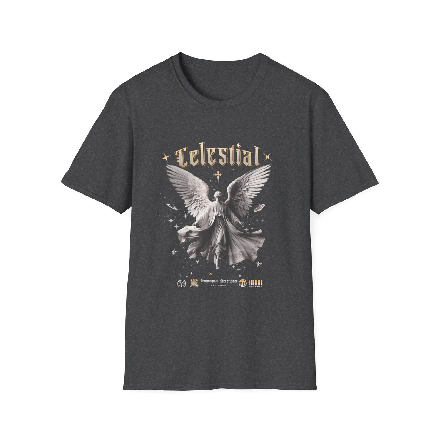 Heather t-shirt with angel graphic and 'Celestial' text on a white background