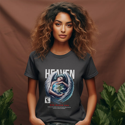 Person wearing a t-shirt with an angel graphic and 'HEAVEN' text on a brown background