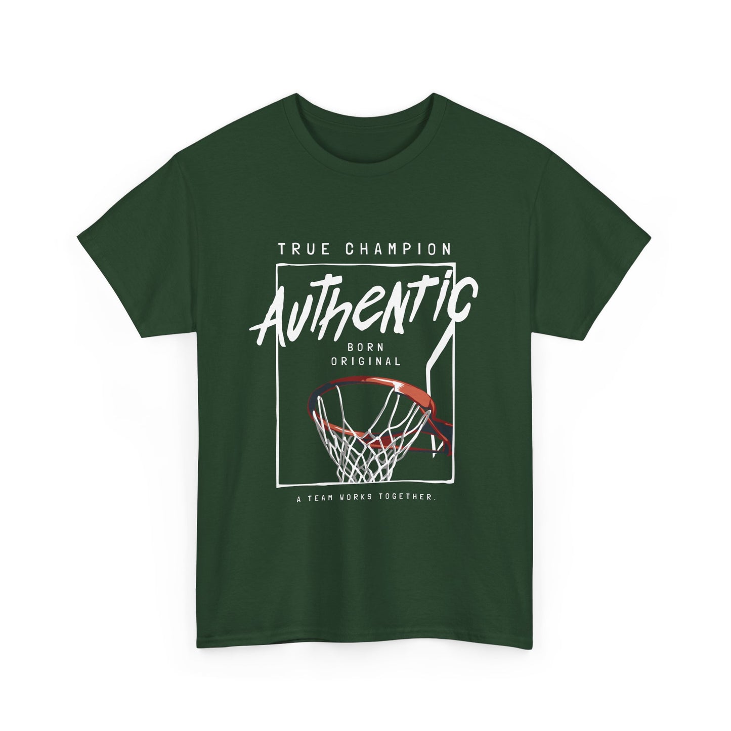 A hunter green t-shirt with a basketball-themed graphic design, including the text 'TRUE CHAMPION' and 'AUTHENTIC', along with an image of a basketball hoop.