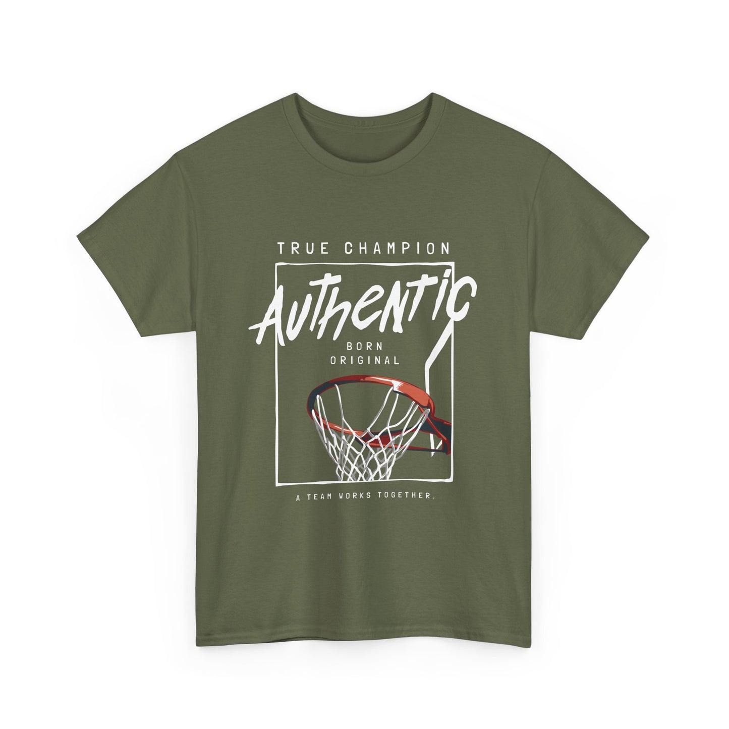A khaki green t-shirt with a basketball-themed graphic design, including the text 'TRUE CHAMPION' and 'AUTHENTIC', along with an image of a basketball hoop.
