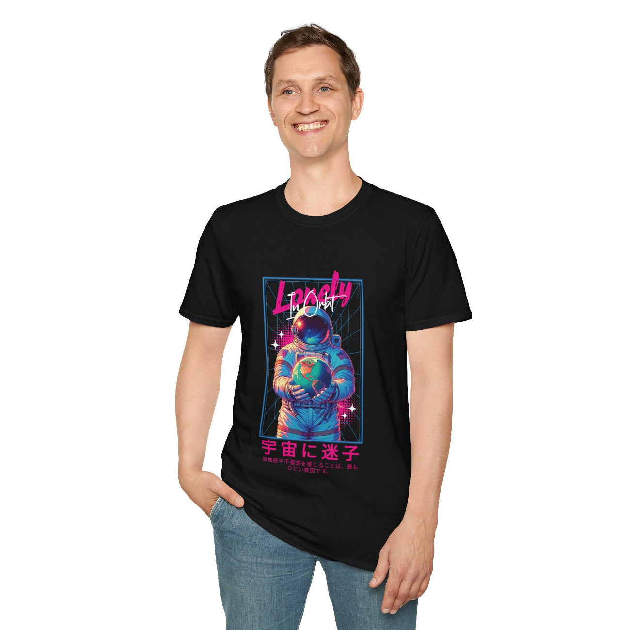 A black t-shirt with a graphic print of an astronaut and the text 'Lonely in Orbit' accompanied by colorful Japanese letters .