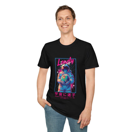 A black t-shirt with a graphic print of an astronaut and the text 'Lonely in Orbit' accompanied by colorful Japanese letters .