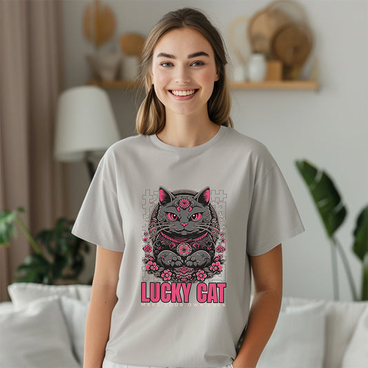 Person wearing a t-shirt with a graphic of a cat and 'Lucky Cat' text in a home setting.