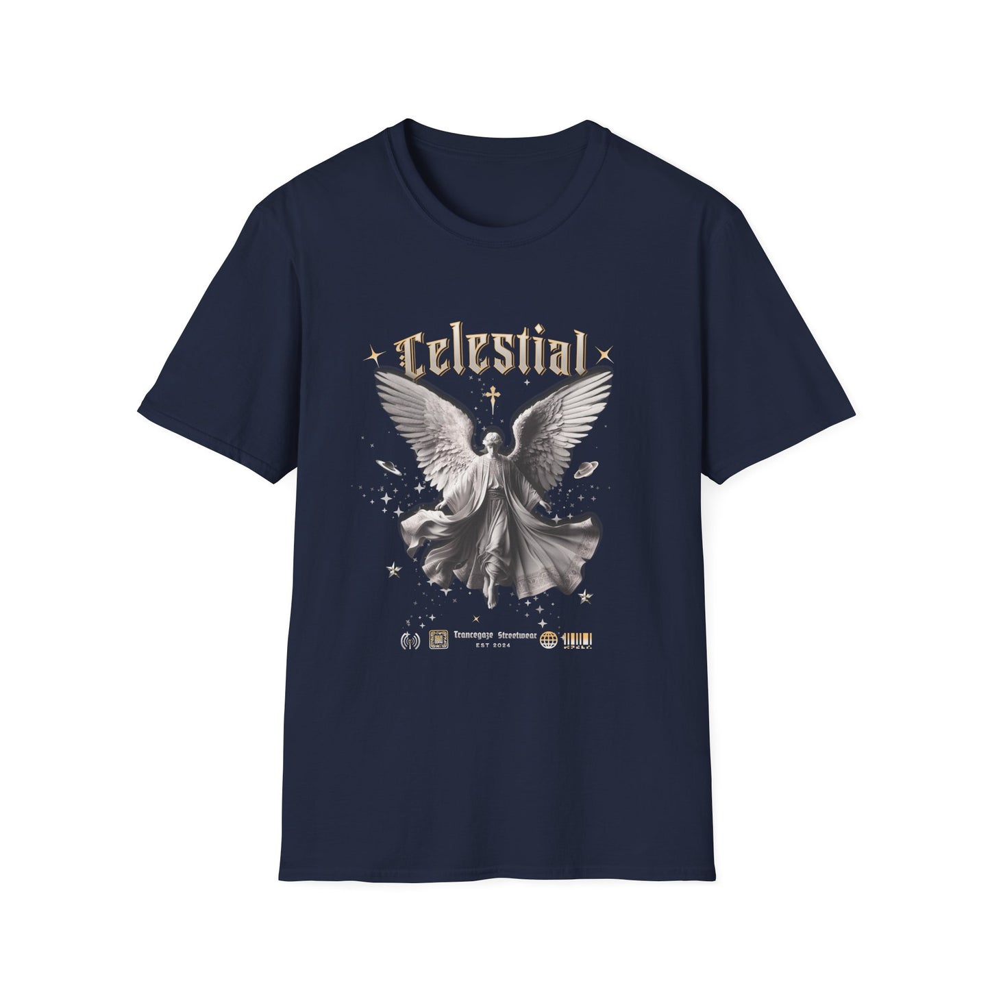Navy blue t-shirt with angel graphic and 'Celestial' text on a white background