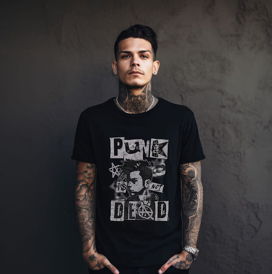 A man wearing a black t-shirt with graphic design that says 'Punk is not dead'.