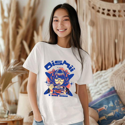 Person wearing a white t-shirt with a colorful graphic design in a casual setting