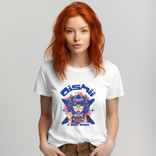 Person wearing a white t-shirt with a colorful graphic design and text on a light gray background