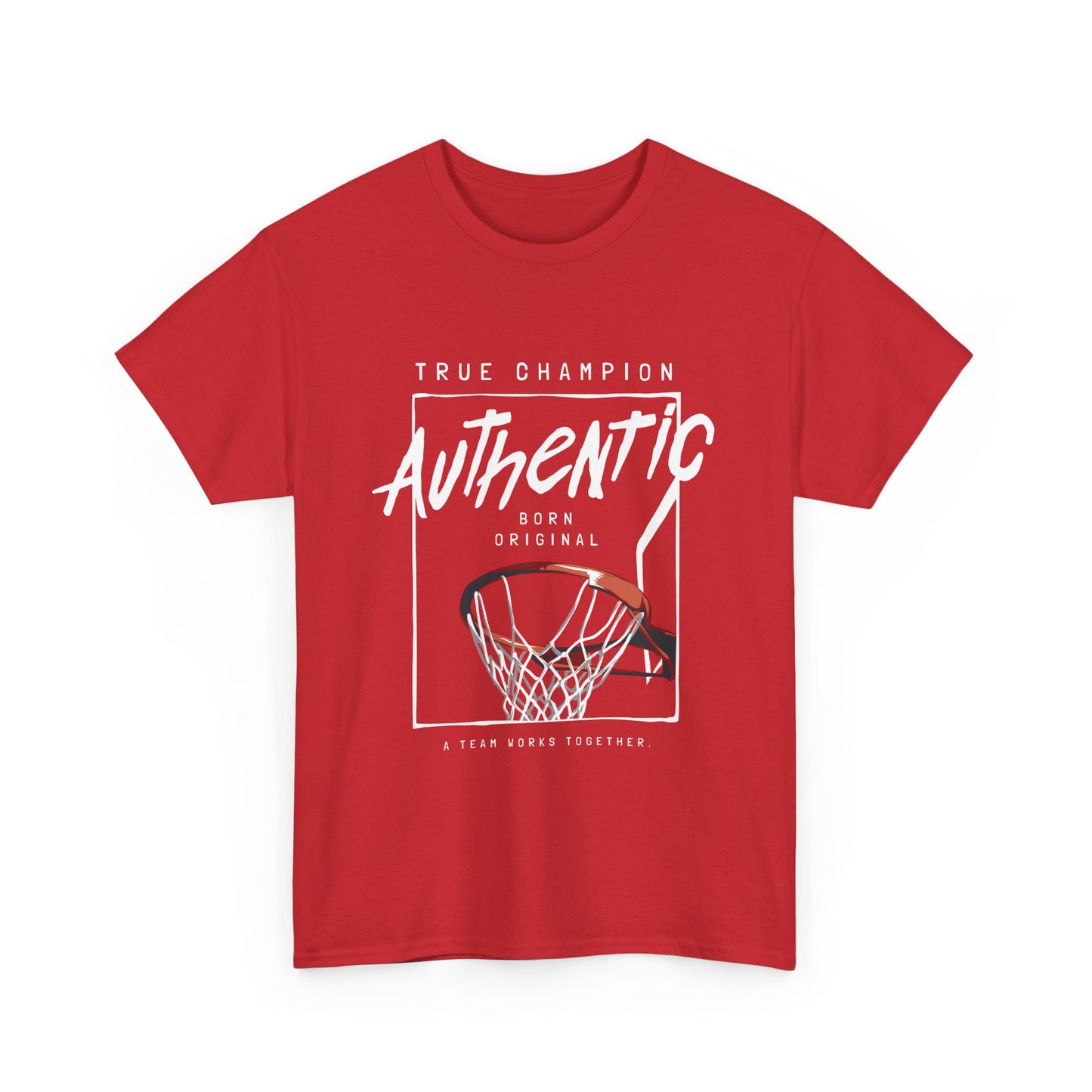 A red t-shirt with a basketball-themed graphic design, including the text 'TRUE CHAMPION' and 'AUTHENTIC', along with an image of a basketball hoop.