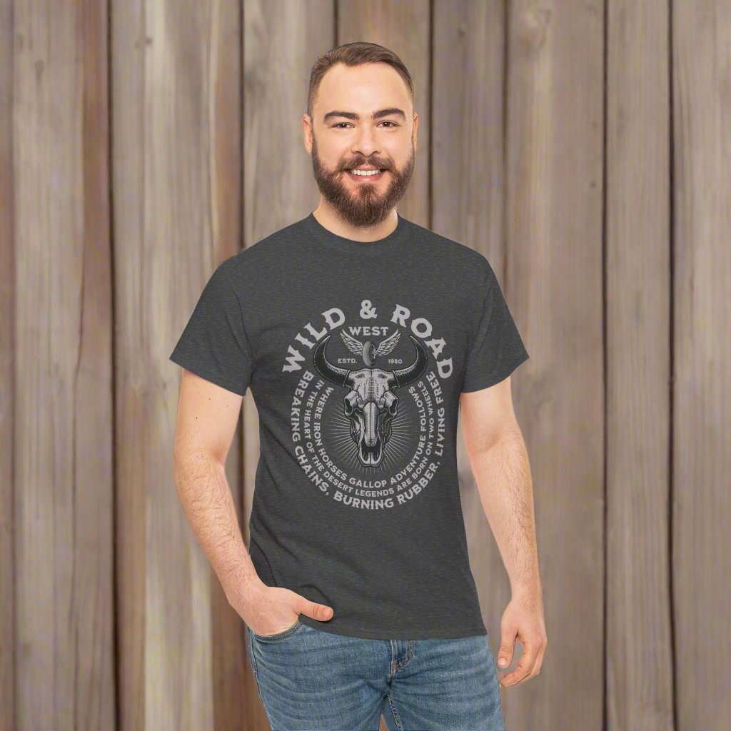 Wild west cattle skull t shirt heather