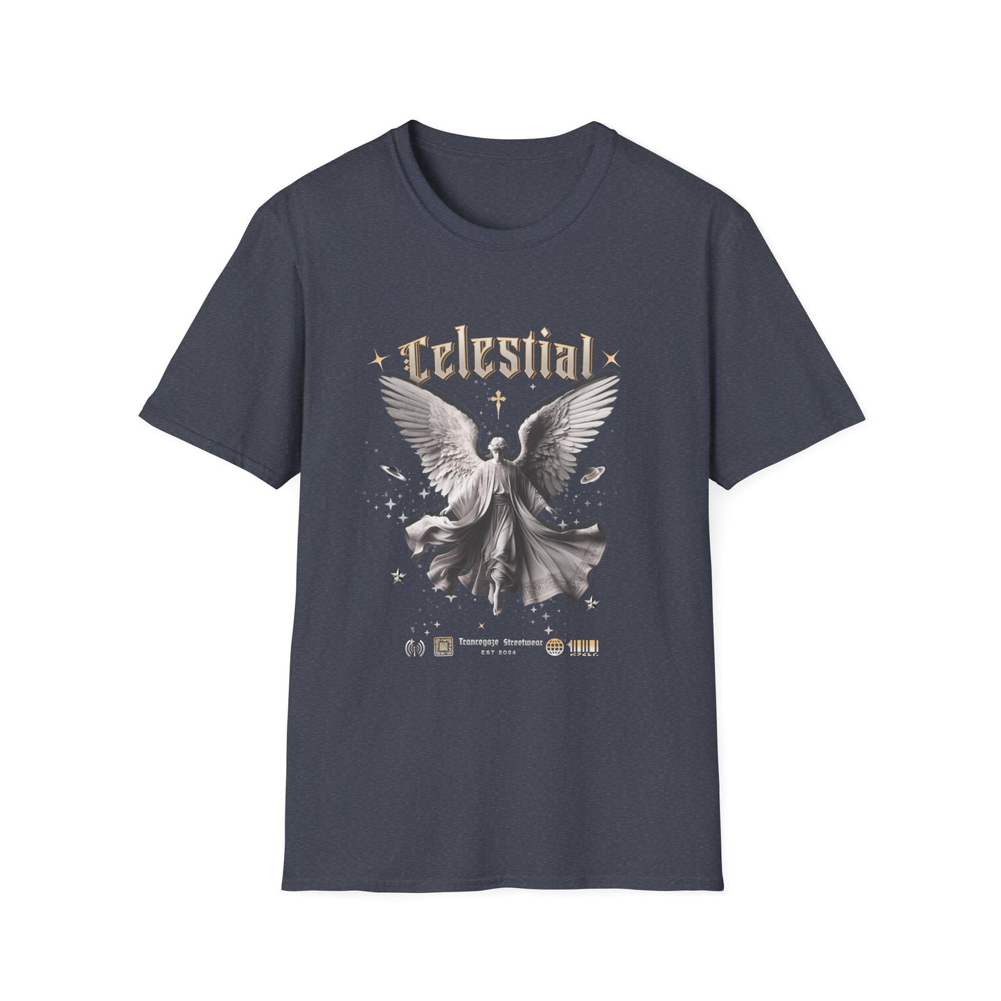 heather Navy t-shirt with angel graphic and 'Celestial' text on a white background