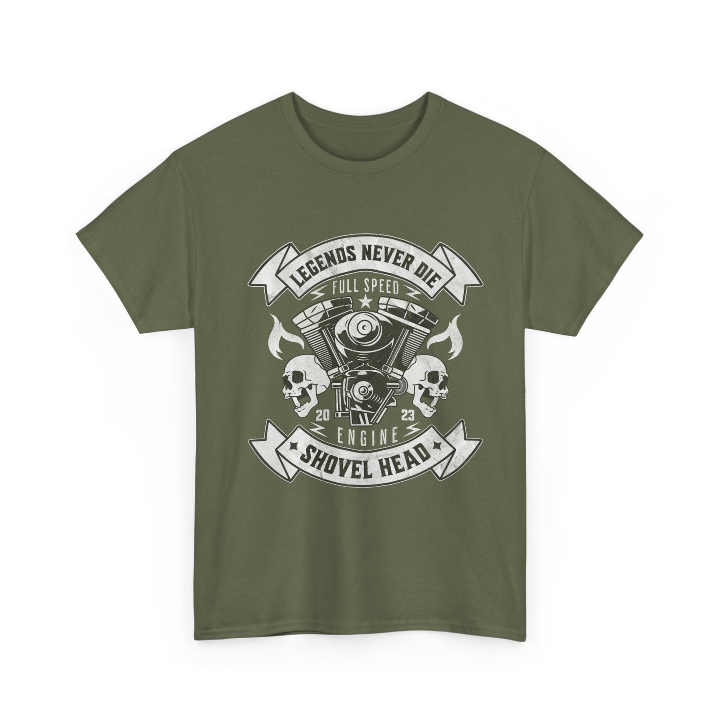 This military green t-shirt has a graphic design that captures the vintage aesthetic of a classic motorcycle Shovelhead engine with intricate details, including cylinders, pistons, and connecting rods.