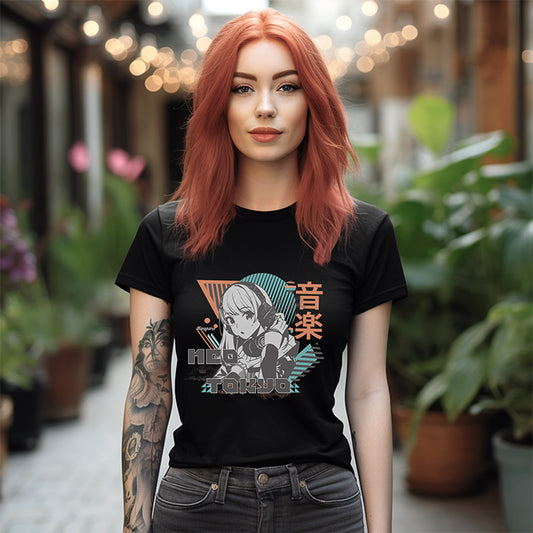 Person wearing a black t-shirt with anime design outdoors