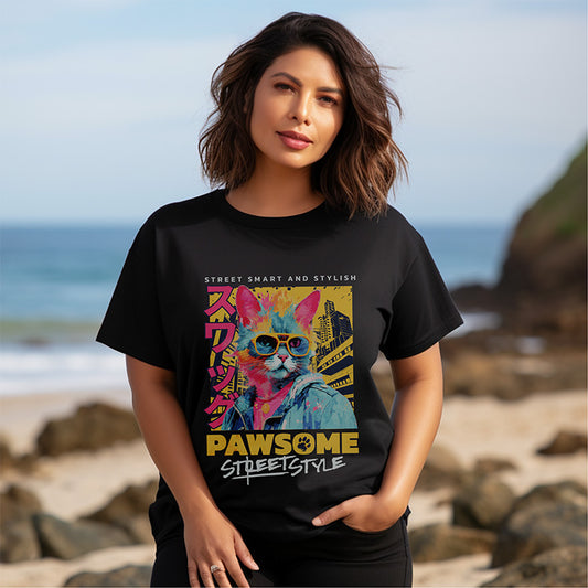Woman wearing a black t-shirt with a colorful cat graphic and text on a beach.