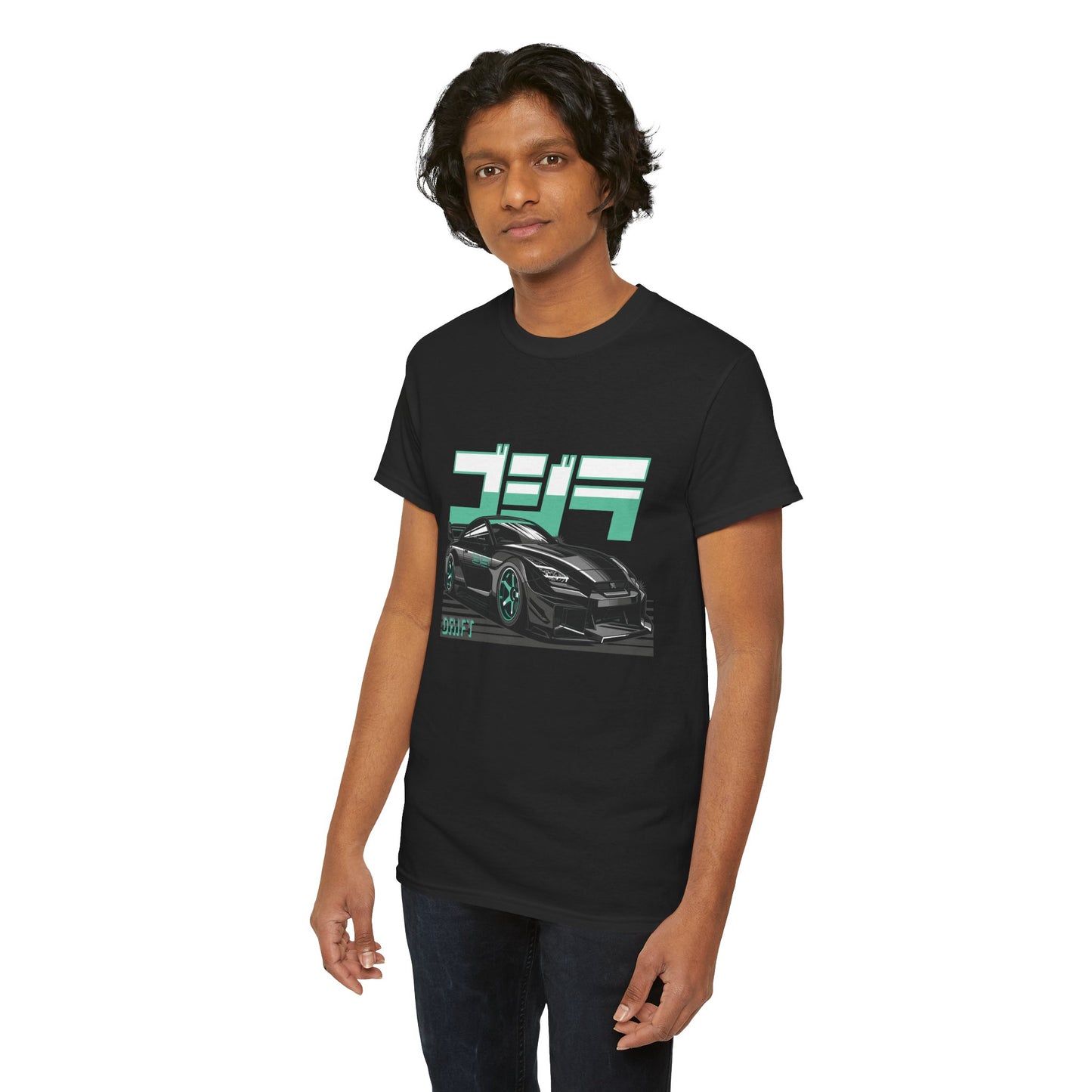 Man wearing A black graphic tee featuring a drift racing theme with a car and text design