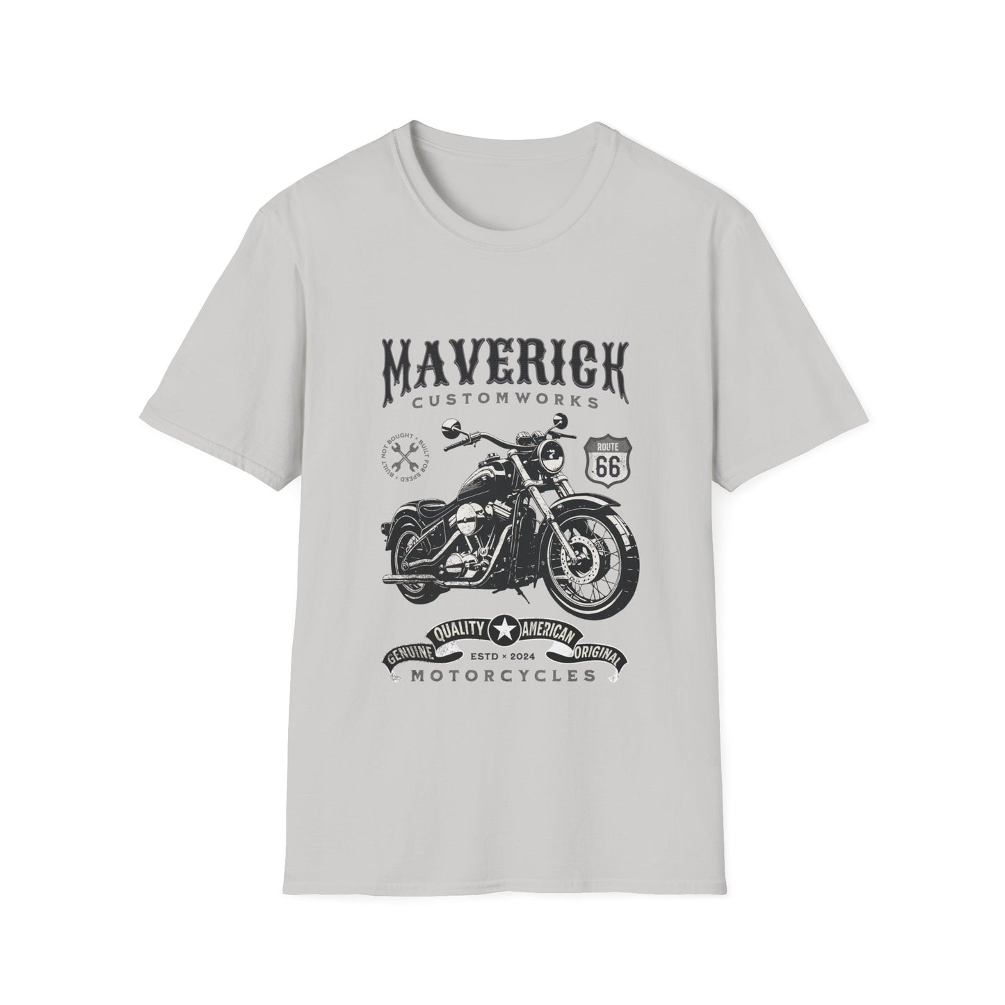 Gray t-shirt with black motorcycle graphic and text on a white background