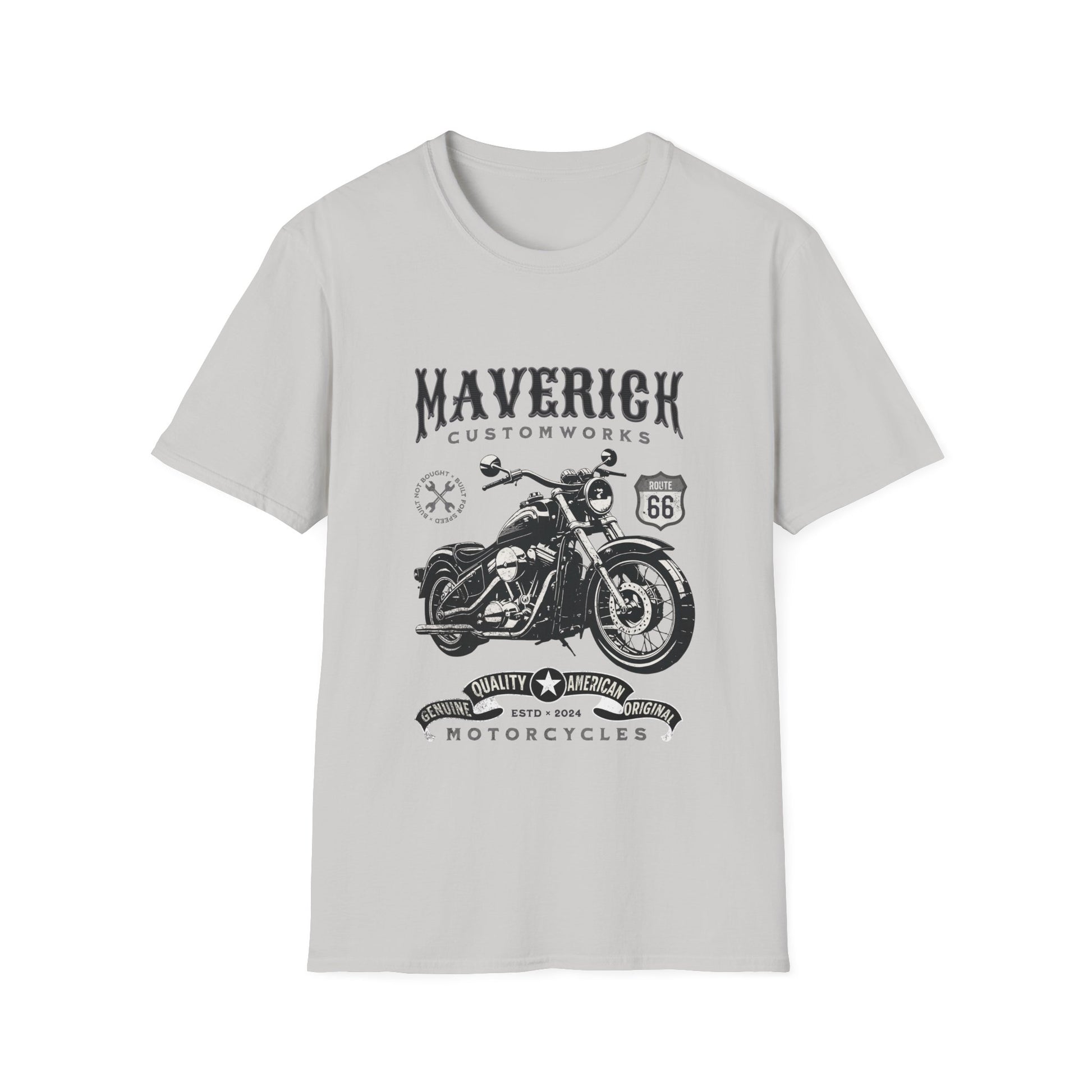 Gray t-shirt with black motorcycle graphic and text on a white background