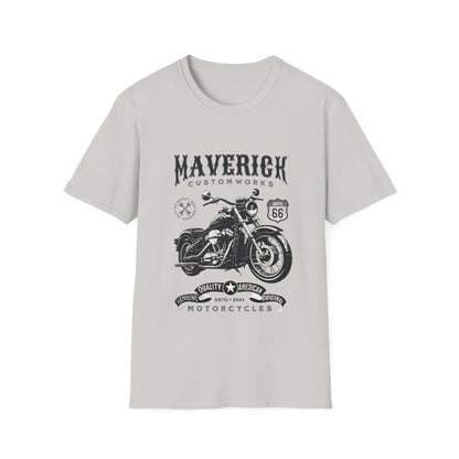 Gray t-shirt with black motorcycle graphic and text on a white background